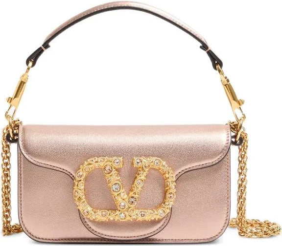 Valentino Garavani - Locò small shoulder bag in laminated calfskin with jewel logo - women - Calf Leather/Swarovski Crystal - OS - Pink